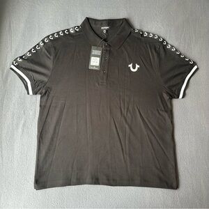 True Religion Polo Shirt Mens XL Black Logo Trim Relaxed Fit Short Sleeve Buddha